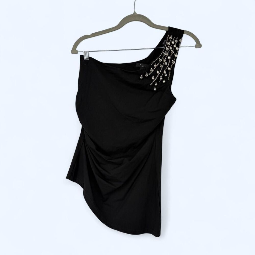 Black One Shoulder Ruched Asymmetric Beaded Draped Cocktail Evening Top c. 2008